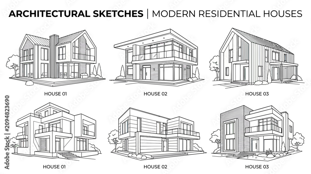Obraz premium Architectural Sketches: Modern Residential Houses - Design Concepts