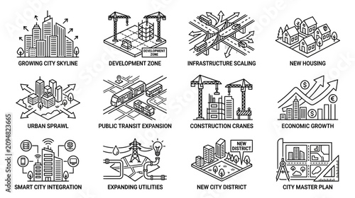 Foto Urban Development and City Growth Icons: Skyline, Construction, Infrastructure,
