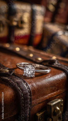 Beautiful engagement ring placed on vintage suitcase with leather details, highlighting the craftsmanship and elegance of the jewelry and the history of the luggage