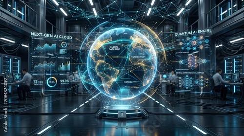 Next-gen AI cloud with holographic globe and data analytics