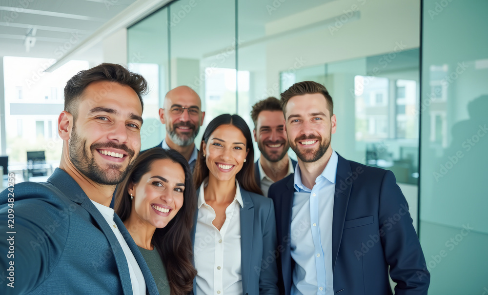 Fototapeta premium The business team takes selfies in the office