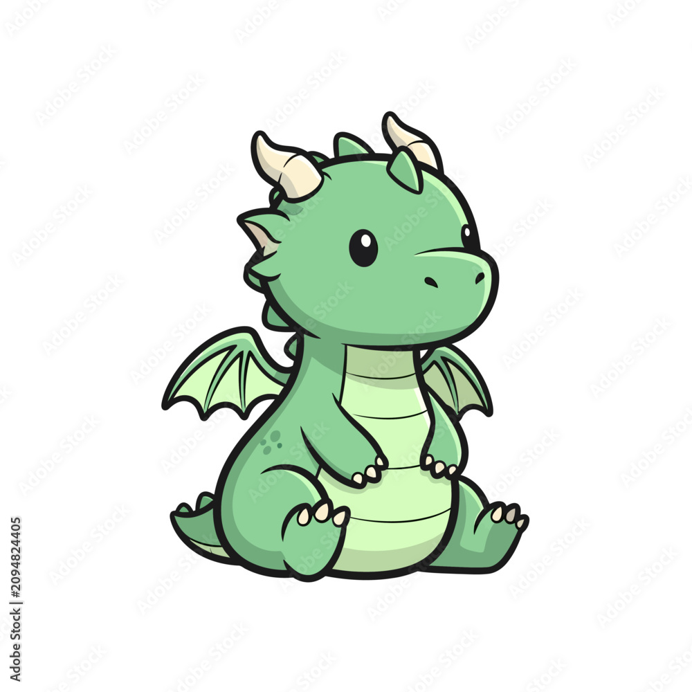 Obraz premium Cute Green Baby Dragon Sitting, Adorable Fantasy Creature Illustration