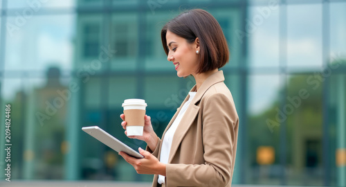 a businesswoman with a tablet in her hands and a glass of coffee