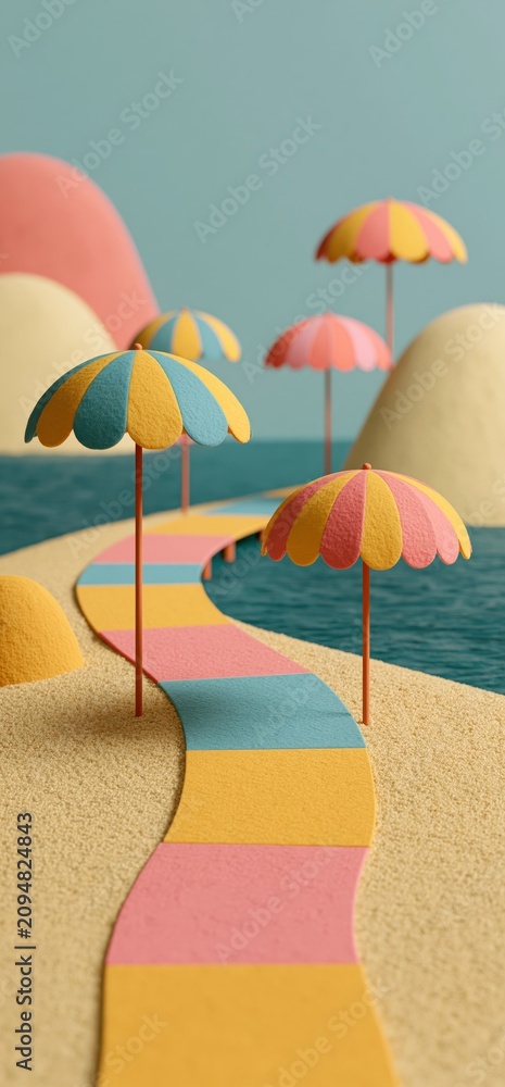 Fototapeta premium Colorful beach pier with umbrellas on summer day. Miniature boardwalk extending into the sea with striped umbrellas under a clear sky