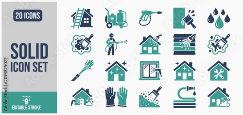 Clean house icons with tools for exterior renovation and maintenance services on white background