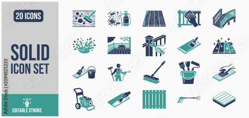 Cleaning and maintenance icons with pressure washer and painting tools during outdoor renovation Isolated on white background