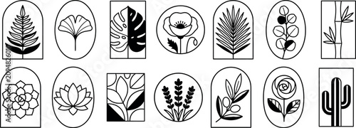 Картината върху платно A comprehensive set of twelve minimalist black and white botanical icons featuring various plants and flowers enclosed within distinct geometric arch, circle, and rectangular frames