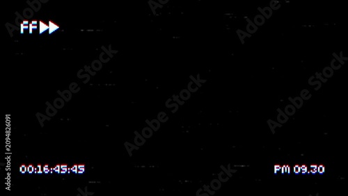 VHS fast forward glitch effect retro tape static overlay featuring classic analog tape distortion, horizontal scanlines, and a simulated camcorder display interface