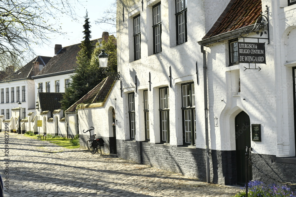 Fototapeta premium Les maisons typiques peintes à la chaux au béguinage de Bruges (Brugge) 