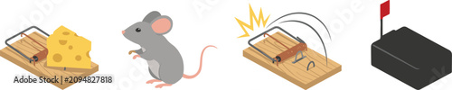 Foto Mousetrap and Rodent Control Element Set with Wooden Snap Trap Cheese Cute Gray
