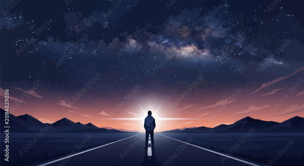 Fototapeta premium Silhouette of a lone man standing on a straight highway facing a bright horizon light under a vast starry night sky with the Milky Way galaxy and a distant mountain range landscape.