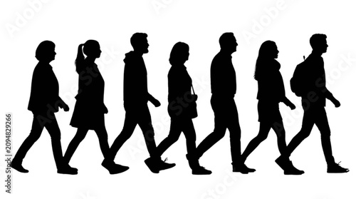 Obraz na płótnie Silhouette people walking together in a line isolated on transparent background,