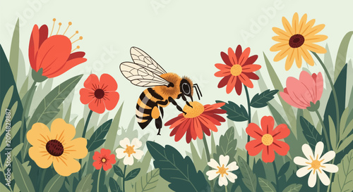 Flat vector illustration of a honeybee collecting nectar from colorful wildflowers including daisies and tulips in a vibrant garden meadow landscape scene with green foliage.