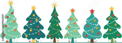 Colorful Christmas Tree Vector Border Set with Decorated Hand Drawn Holiday Pines for Winter Season Celebrations and Greeting Card Graphic Designs
