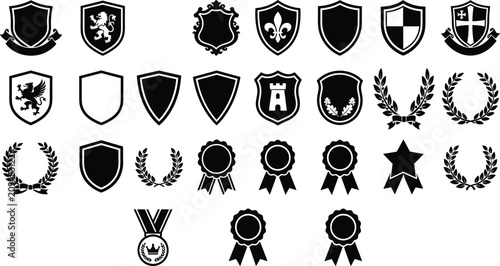 Medieval Heraldic Shield and Laurel Wreath Emblem Icon Set with Black Silhouette Crest Symbols for Premium Brand Identity and Security Graphic Designs