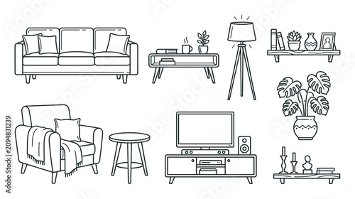 Fotografija Cozy Living Room Furniture Set - Sofa, Armchair, Coffee Table, TV Stand, Shelves
