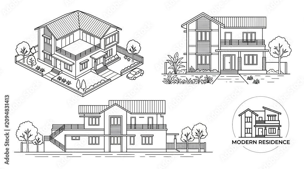 Obraz premium Modern House Designs: Architectural Blueprints and Exterior Views Collection