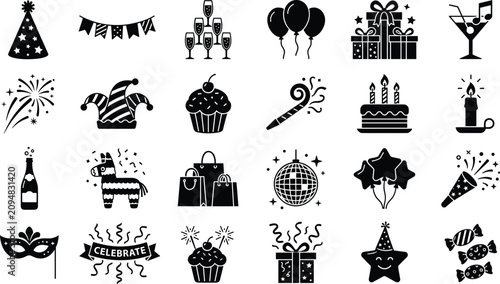Party and Celebration Icon Set with Black Silhouette Birthday Elements, Carnival Symbols, Festive Holiday Decorations, and Anniversary Event Graphics