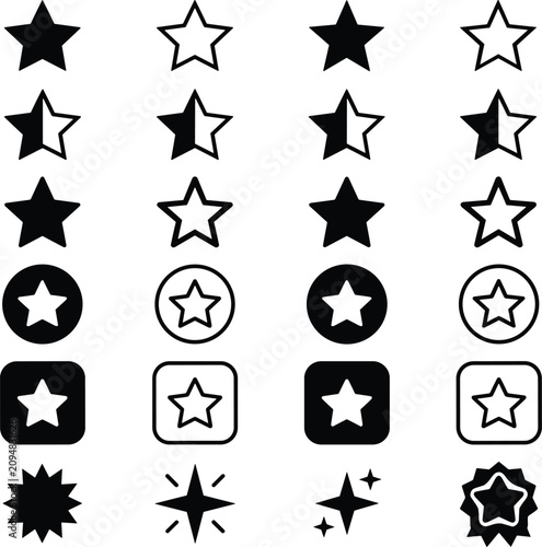 Star Rating Icon Set with Black Silhouette Customer Review Symbols for Product Evaluation, Feedback Interfaces, and UI Web Design Layouts