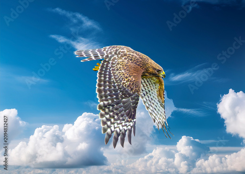 Red-Shouldered Hawk (Buteo lineatus) in Flight Against a Cloudy Blue Sky