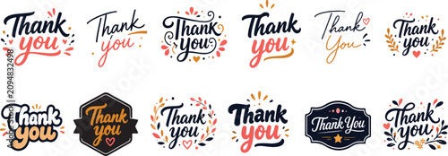 thank you lettering mega set with elegant badges typography and floral ornaments
