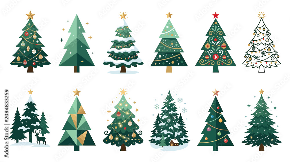 Obraz premium Collection of Festive Christmas Trees with Decorations - Holiday Season Illustration