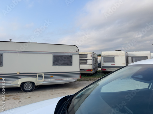 Caravans parked in storage yard in Ventallo, Catalonia