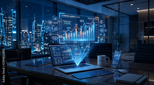 Financial Data Hologram projected from laptop in modern office with city skyline at night