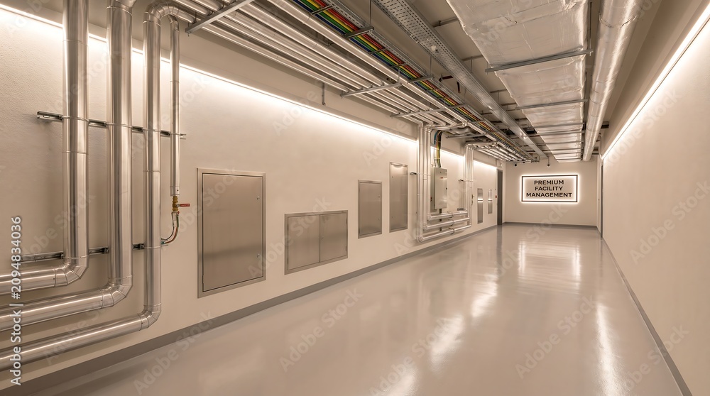 Obraz premium Clean corridor inside industrial facility featuring insulated silver piping along walls and premium facility management sign mounted on brightly lit white surface.