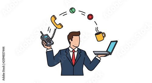 Businessman juggling office tools laptop and phone multitasking illustration.