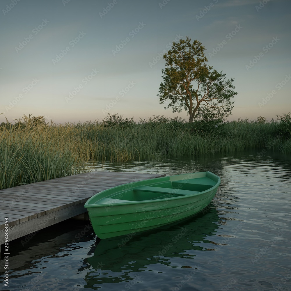 Obraz premium Green boat on a serene lake. Small wooden vessel near a dock. Peaceful water scene
