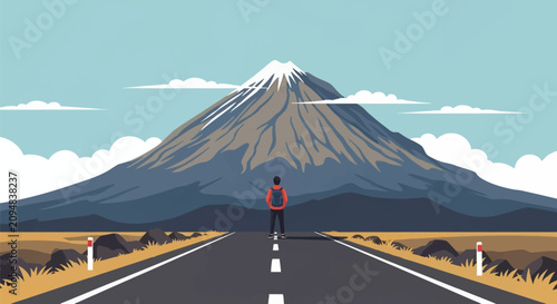 Flat vector illustration of a male hiker wearing a backpack standing on a two-lane asphalt road leading to a massive snow-capped volcano mountain under a blue sky with clouds.