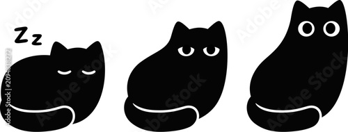Cute cartoon black cat. Sleeping, waking up and awake. Simple black and white drawing, isolated vector clip art illustration set.
