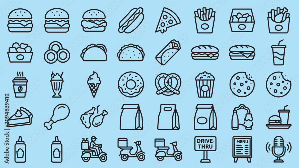 Naklejka premium Set of fast food icons, thin line style, vector illustration