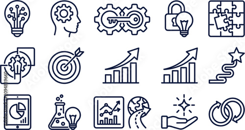 Corporate business strategy and strategic planning line icon set featuring minimalist linear symbols for human mindset problem solving gears target financial growth roadmap puzzle and research.