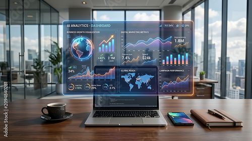 Digital analytics dashboard with holographic display over laptop and office desk during daytime