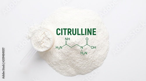 Citrulline malate powder with chemical formula, white amino acid supplement for sports nutrition, bodybuilding pre-workout scoop on white background