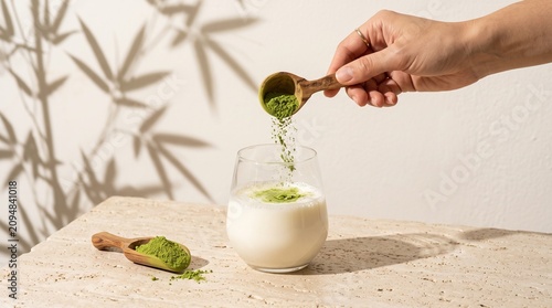 Matcha green tea powder pouring into milk latte, hand holding wooden spoon over glass, zen aesthetic with bamboo leaf shadows on stone surface