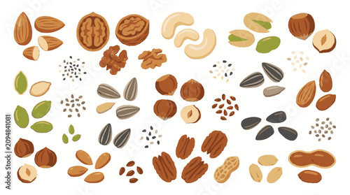 Foto Sketchy flat textured illustration of assorted nuts and seeds includin