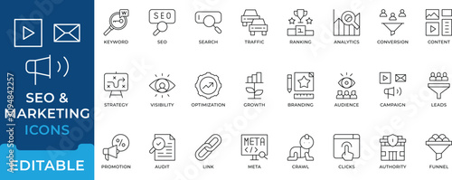 SEO Digital Marketing Analytics Icon Set - editable line vectors for search engine optimization strategy, website conversion, and campaign planning.