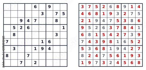 Fotografía Sudoku puzzles grid with completed and incomplete versions