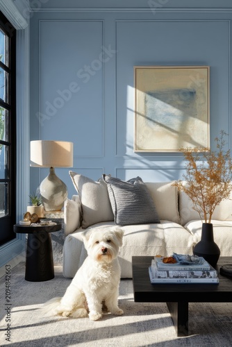 Fluffy white dog sitting in a stylish modern living room with blue walls. Cozy home interior design with boucle sofa, coffee table and home decor. Comfortable pet lifestyle atmosphere.