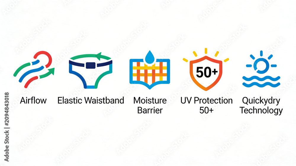 Obraz premium Arrange wind patterned waistbands with colorful sun protection icons, representing the concept of breathable elastic barrier and sun resistant quick drying close fitting clothing fabrics. 