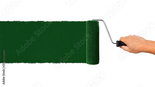 Hand using dark green paint roller brush isolated on transparent background
