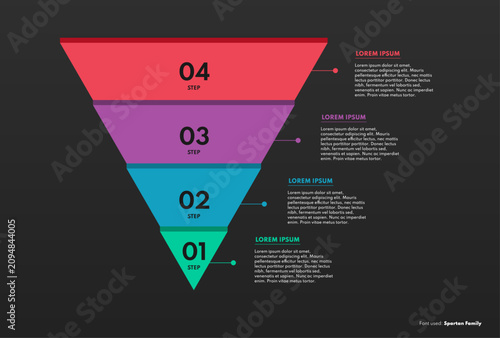 Business infographic funnel vector illustration with four steps and colorful segmented geometric funnel diagram with 3d effect and list layout over dark background
