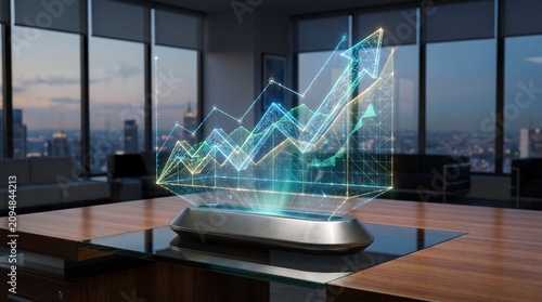 Holographic Financial Chart Shows Upward Trend in Office
