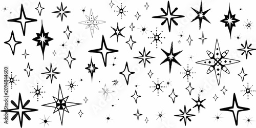 whimsical doodle stars and celestial sparkles on white background black pattern illustration vector art design space astronomy cosmic fantasy magic