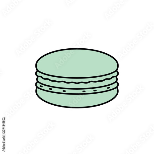 Light green sweet macaron cake with creamy filling is shown as a simple flat illustration on a white background for bakery designs.