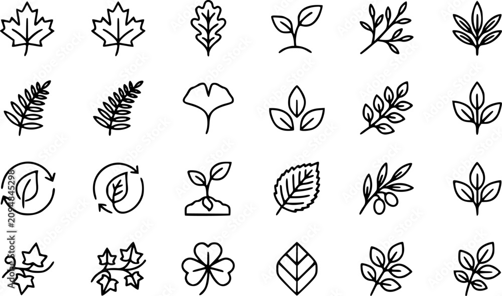 Fototapeta premium Leaf Outline Icon Set Featuring Botanical Foliage, Maple Leaf, Oak Leaf, Plant Sprout, Nature Branches and Minimal Eco Line Symbols