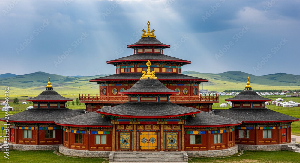 Obraz premium Majestic Tibetan Buddhist Temple in Lush Green Landscape